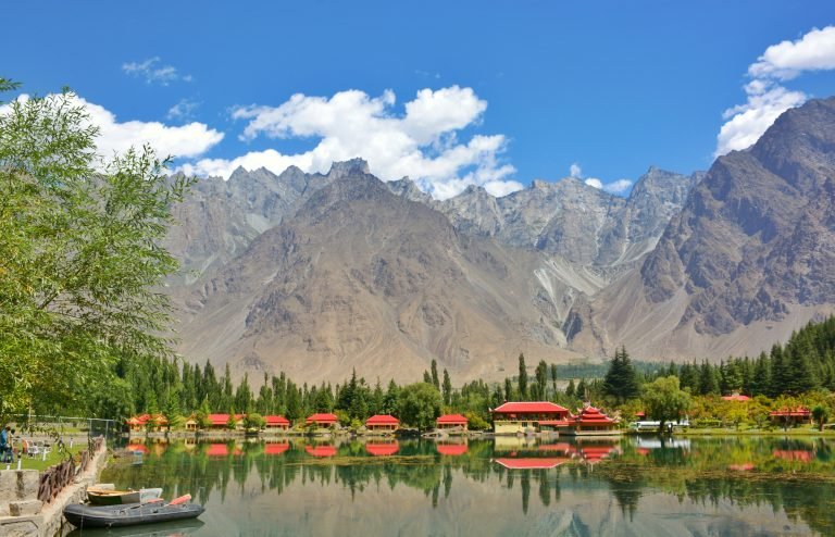 Lakeside resort and mountain landscape at Shangrila Resort in Skardu
